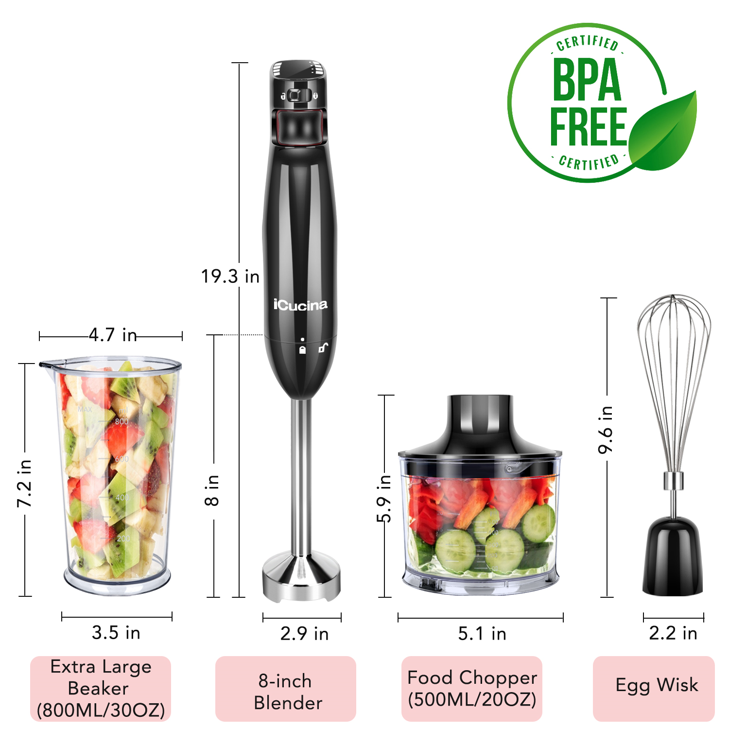 iCucina 3-in-1 Immersion Hand Blender, Powerful 400W DC Motor, Variable Speed Stick Blender with Whisk, Chopper, and Measurin